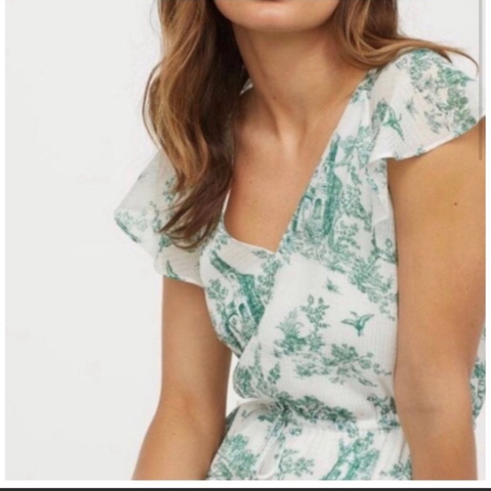 H&M Green Toile Floral Maxi Dress Flutter Sleeves